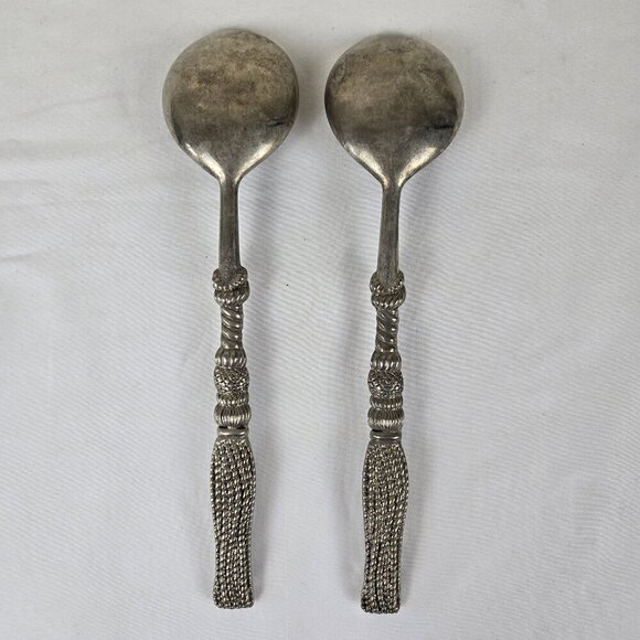 Vintage Silea Silver Plate Salad Servers Tassel Look Handles Heavy Weight - Picture 2 of 9